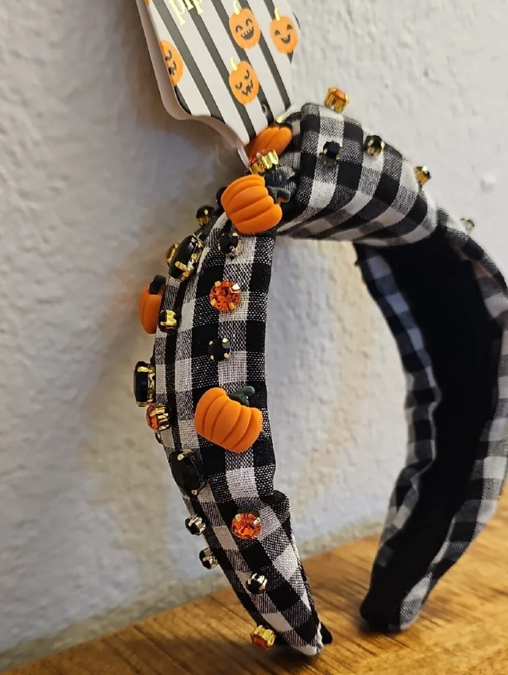 NWT Piper K Halloween Gingham Knotted Jeweled Headband Pumpkin Crystal Plaid